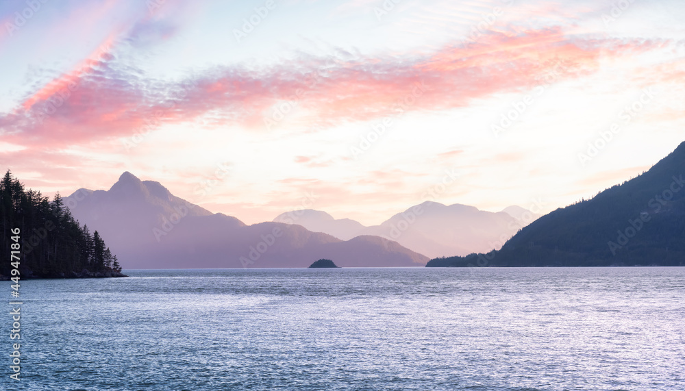 Canadian Nature Mountain Landscape Background. Sunny Colorful Sunset Sky Art Render. View of Howe Sound, between Squamish and Vancouver, British Columbia, Canada.