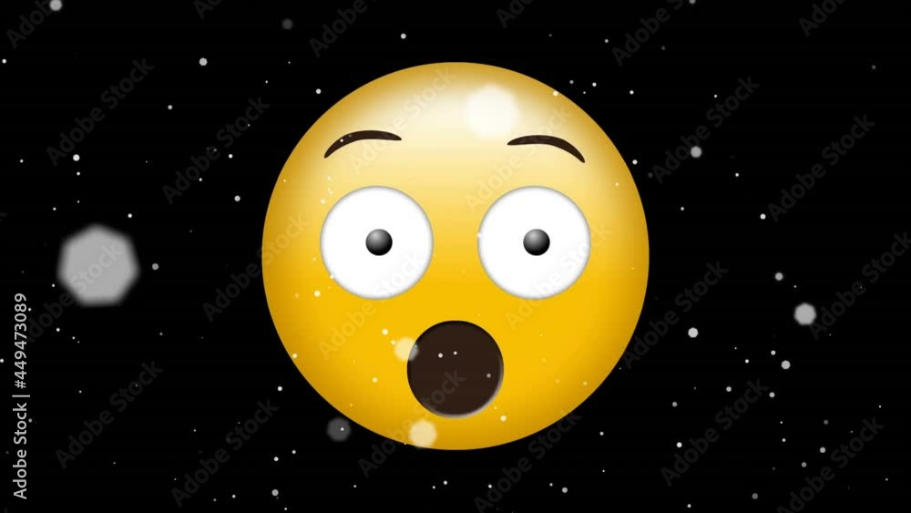 Digital animation of white spots floating over surprised face emoji against black background Digital animation of white spots floating over surprised face emoji against black background