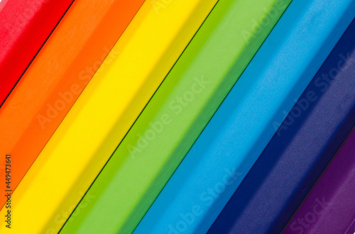 Colored pencils at close range arranged in a sequence of rainbow colors