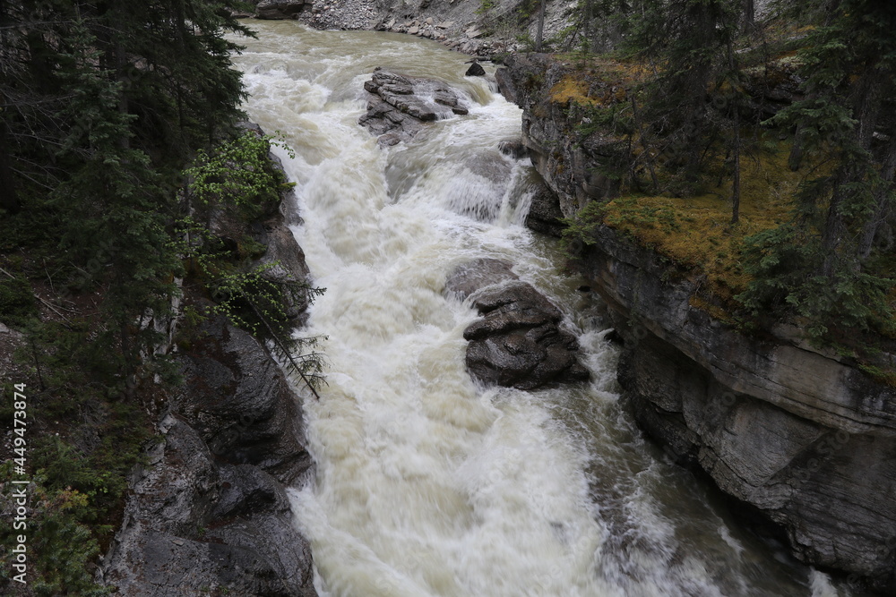 Amazing waterfalls in British Columbia, Canada. Beautiful Athabasca Falls in Jasper National Park. Epic Landscape and a wonderful nature in Canada. Amazing waterfalls in British Columbia, Canada. Beautiful Athabasca Falls in Jasper National Park. Epic Landscape and a wonderful nature in Canada.