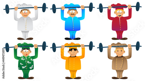 Fat male cartoon chef in uniform as a weightlifter lifting barbell. Vector illustration.
