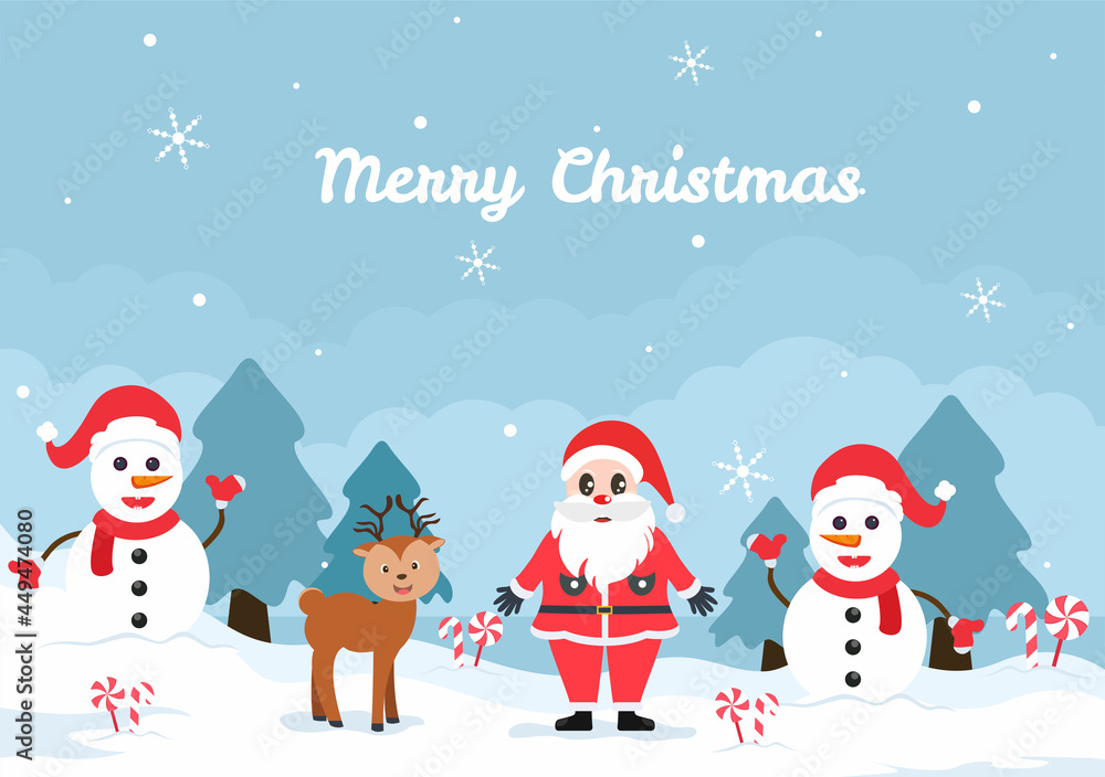 Merry Christmas, Cute Cartoon Santa Claus Background vector illustration and Friends With Snow Man, Some Gifts. For Landing Page In Flat Style Design Merry Christmas, Cute Cartoon Santa Claus Background vector illustration and Friends With Snow Man, Some Gifts. For Landing Page In Flat Style Design