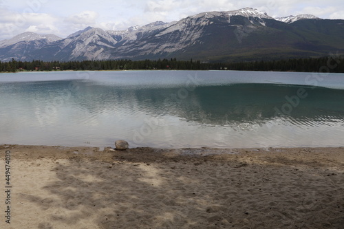 Amazing lake Annette and lake Edith in the beautiful nature in the middle of Canada. Epic roadtrip through the Banff and Jasper Park in British Columbia. Just wonderful weather, blue sky. photo