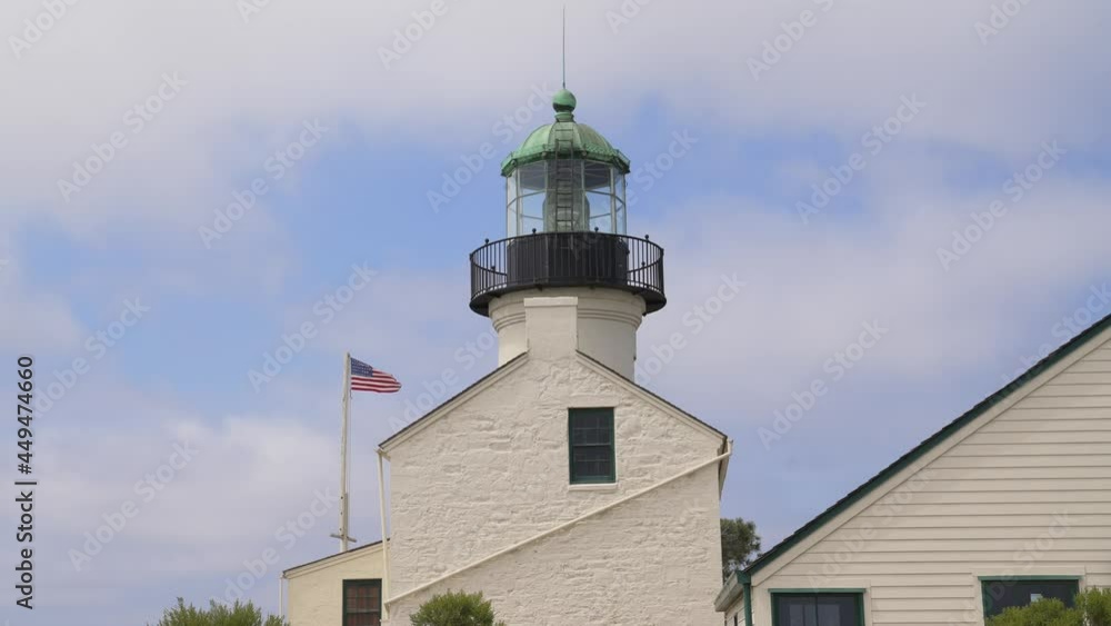 This video shows an American flag blowing in the wind over a classic lighthouse with a blue cloudy sky in the background. This video shows an American flag blowing in the wind over a classic lighthouse with a blue cloudy sky in the background.
