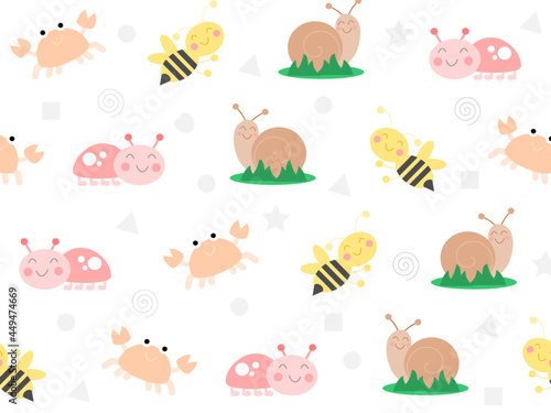 Fototapeta Naklejka Na Ścianę i Meble -  snail, bee, crab, ladybug really cute cartoon seamless pattern vector illustration