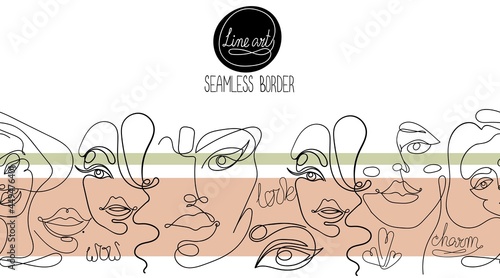 Endless seamless border with faces, words and decorative elements. Creative illustration one line for wallpaper, corporate identity, logos, printing and social media design