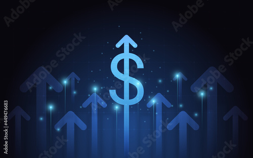 success business concept with group of up trend arrow and dollar sign on blue chart color background