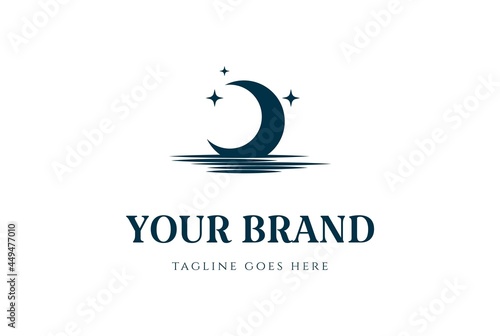 Crescent Moon and Star with Beach River Lake Creek Logo Design Vector