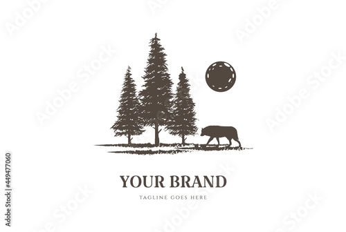 Sunset Pine Cedar Spruce Fir Trees with Wolf for Wilderness Adventure Logo Design Vector