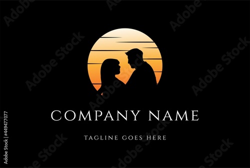 Sunset Romantic Couple for Dating , Valentine Day, Honeymoon, Love or Wedding Logo Design Vector