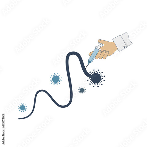 The concept of stopping the new wave of coronavirus through vaccination. A hand with a syringe makes an injection. Vector illustration.