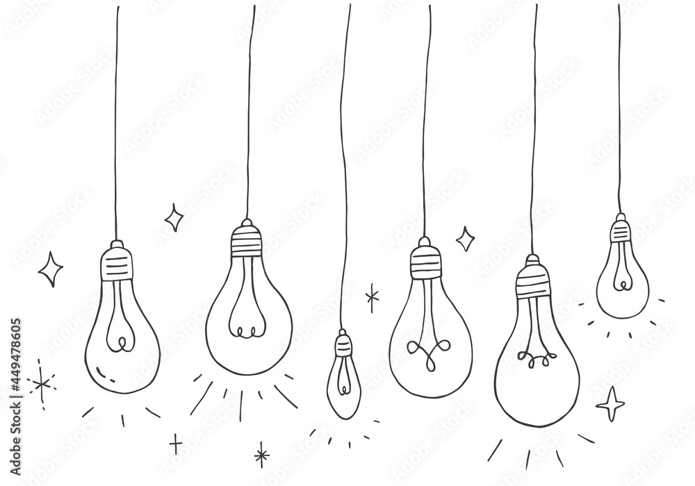 ぶら下がっている電球の手描きイラストセット(モノクロ) ぶら下がっている電球の手描きイラストセット(モノクロ)