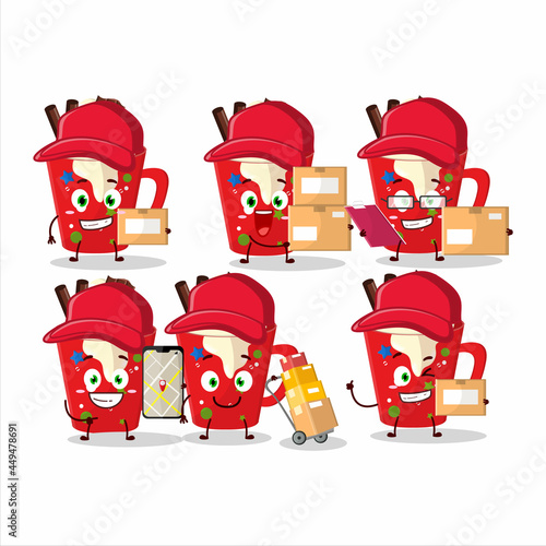 Cartoon character design of frappe coffee working as a courier