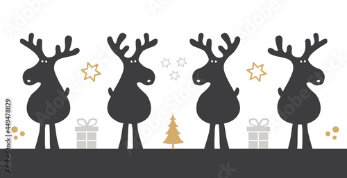 Weihnachten Silhouette mit Cartoon Rentieren Geschenke, Tannenbaum und Sterne