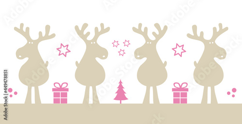 Silhouette Rentiere rosa  grau Cartoon mit Geschenken  Tannenbaum und Sterne