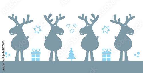 Silhouette Rentiere blau Cartoon mit Geschenken, Tannenbaum und Sterne