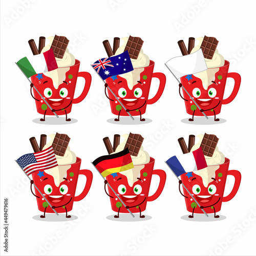 Frappe coffee cartoon character bring the flags of various countries