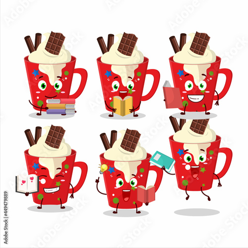 A picture of frappe coffee cartoon character concept reading an amusing book