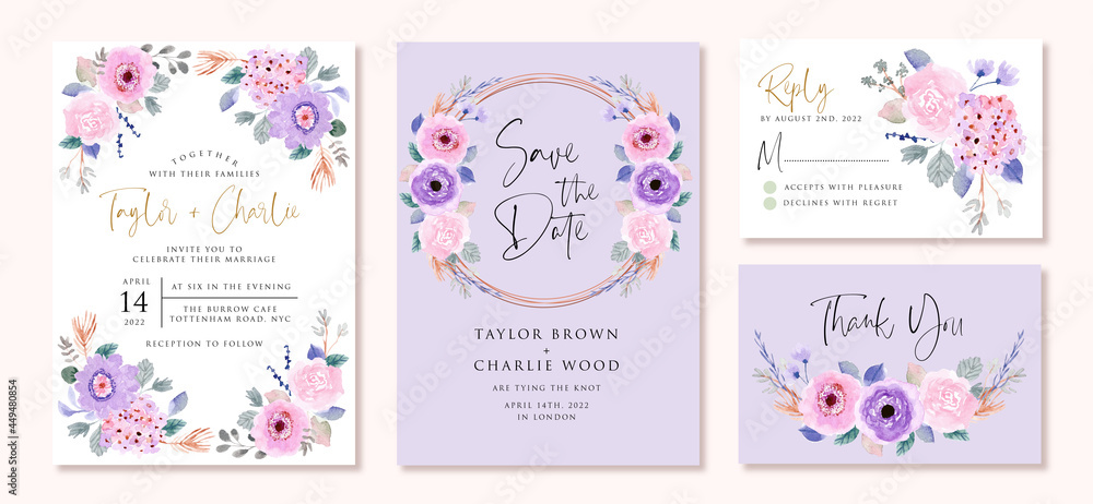 wedding invitation set with soft purple pink floral watercolor