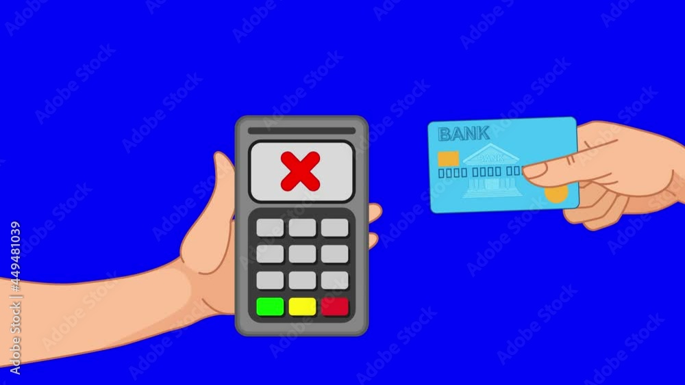 Useing the Pos terminal and credit card. The hand pushes the credit card towards the bank card reader. Payment by credit card and Transaction declined process. Isolated on blue chroma key Useing the Pos terminal and credit card. The hand pushes the credit card towards the bank card reader. Payment by credit card and Transaction declined process. Isolated on blue chroma key