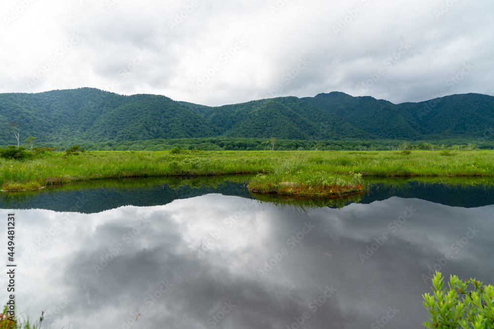 福島県、新潟県、群馬県にある尾瀬ヶ原をハイキングしている風景 Scenery of hiking in Ose-ga-hara in Fukushima, Niigata and Gunma prefectures.