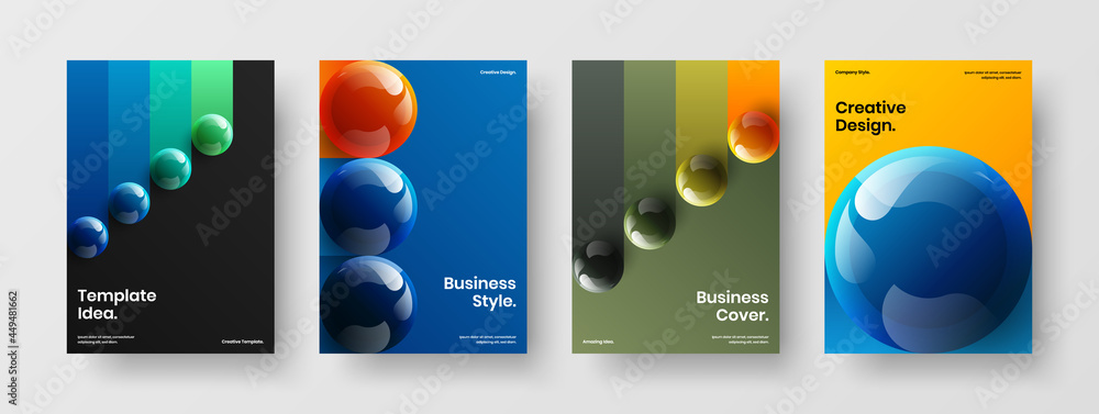 Abstract realistic balls postcard illustration collection. Trendy company identity A4 design vector layout set.