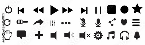 Media player icons set. Button collection. Music, sound, interface, play, microphone, arrow, setting