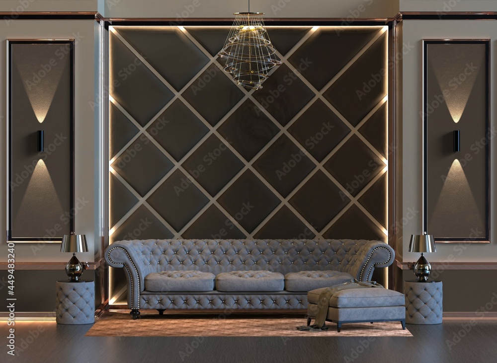 Naklejka premium 3d rendering of design interior living room with lamp and padded wall wall panel