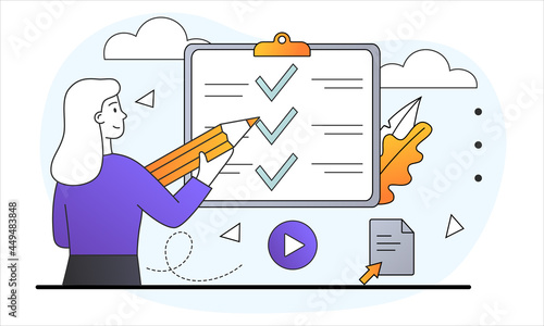 Completed tasks concept. Woman holds pencil and ticks list of tasks. Time management and workday planning. Meet the deadline. Cartoon doodle flat vector illustration isolated on white background