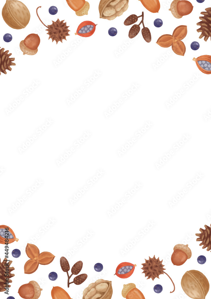 手描き色鉛筆 ナチュラルかわいい 秋の木の実 の背景とフレームテンプレート 青い実 白背景 Stock Vector Adobe Stock