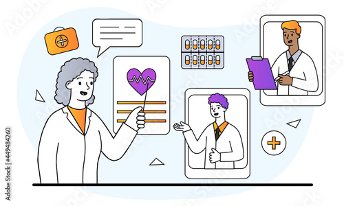 Professional doctors conference concept. Therapist discuss complex case of disease by video link. Effective collaboration in context of pandemic. Treatment of disease. Cartoon flat vector illustration