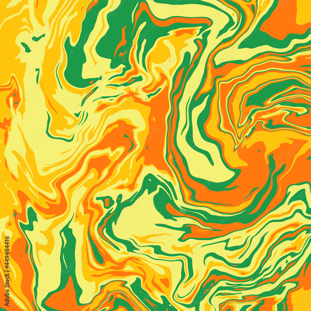 Fluid art texture. Abstract backdrop with iridescent paint effect. Liquid acrylic artwork that flows and splashes. Mixed paints for interior poster. EPS 10 Vector illustration. yellow, green 