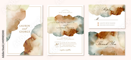 wedding invitation set with green brown abstract watercolor