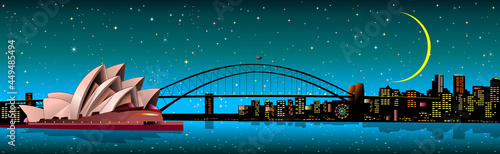 Sydney city starry night. Australian city of Sydney. The stars and the moon are shining in the night sky. The city is lit up with colorful lights