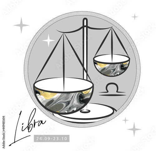 Modern magic witchcraft card with astrology Libra zodiac sign. Scales logo design