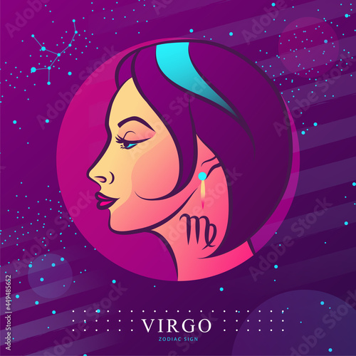 Modern magic witchcraft card with astrology Virgo zodiac sign. Woman head logo design