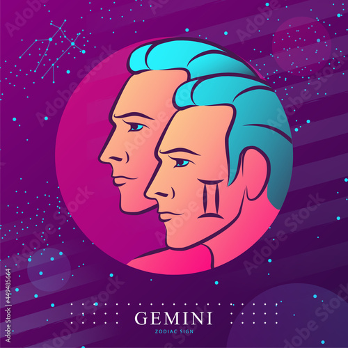 Modern magic witchcraft card with astrology Gemini zodiac sign. Two brothers illustration