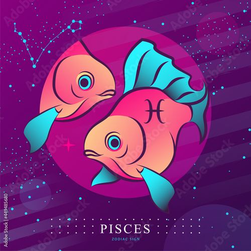 Modern magic witchcraft card with astrology Pisces zodiac sign. Koi fish logo design
