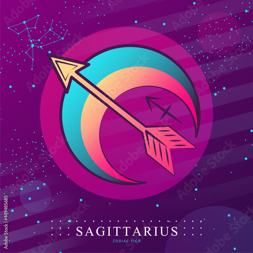 Modern magic witchcraft card with astrology Sagittarius zodiac sign. Bow and arrow illustration