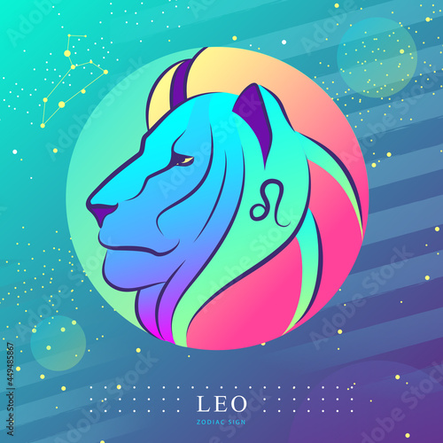 Modern magic witchcraft card with astrology Leo zodiac sign. Lion head logo design