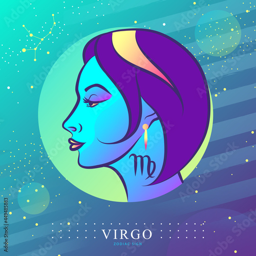 Modern magic witchcraft card with astrology Virgo zodiac sign. Woman head logo design