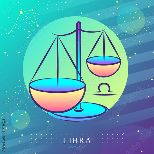 Modern magic witchcraft card with astrology Libra zodiac sign. Scales logo design