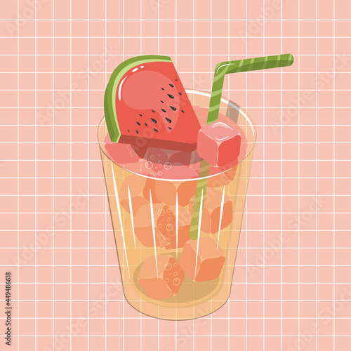 watermelon cocktail with ice and a straw, summer mood, red watermelon, a piece of watermelon