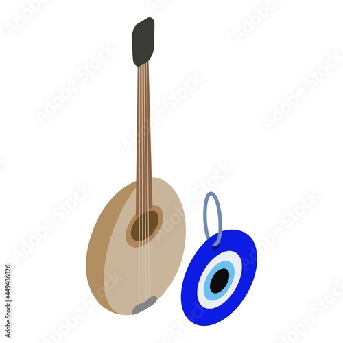 Turkey attribute icon isometric vector. Turkish saz and talisman blue eye. Turkish national instrument, amulet nazar against the evil eye