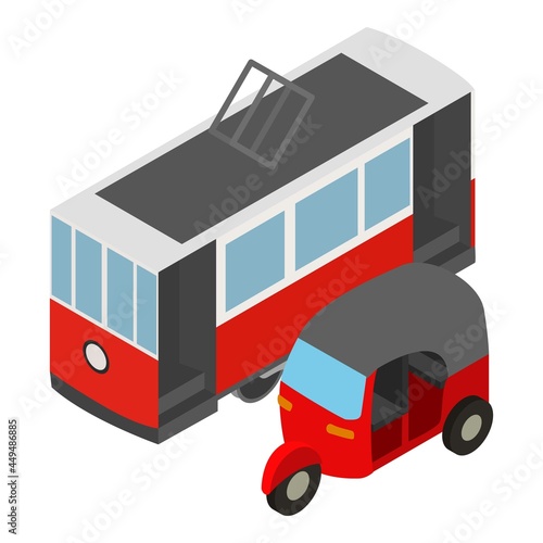 Public transport icon isometric vector. Retro tram and tricycle scooter mototaxi icon. Traditional turkish urban transport photo