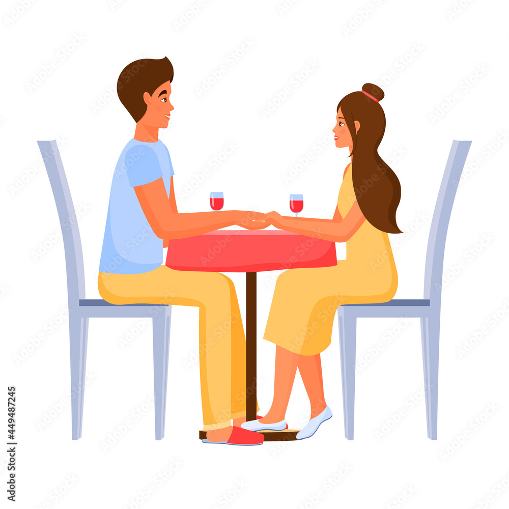 A happy young couple is sitting at a round table at home with wine. Vector. Isolated illustration in a flat cartoon style A happy young couple is sitting at a round table at home with wine. Vector. Isolated illustration in a flat cartoon style