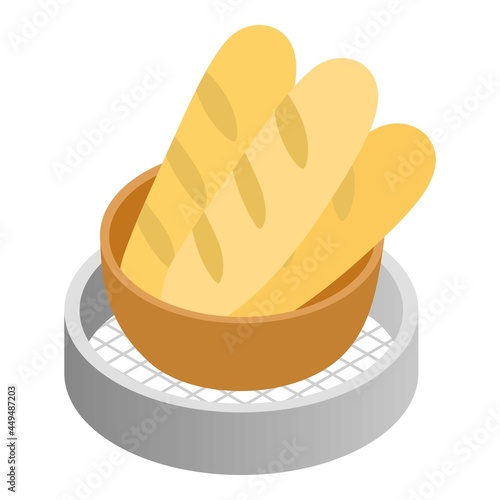 Bakery product icon isometric vector. White fresh crispy bread and flour sieve. Bakery, bake shop