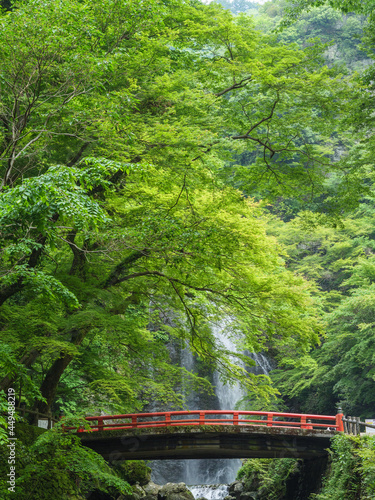 箕面の大滝と朱色の橋
