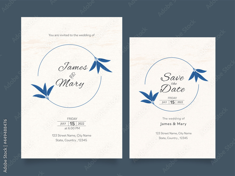 Wedding Invitation Card And Save The Date Template Layout In White Color.