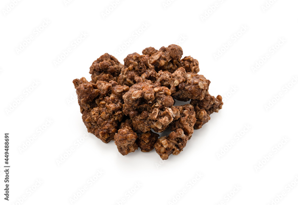 Chocolate protein granola on isolated white background Chocolate protein granola on isolated white background